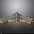 Large Log Building Architecture With Gray Roof Multiple Wings And Symmetrical Design