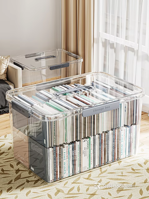 Tidy Living Room Interior With Transparent Storage Boxes And Organized Books 3d model 