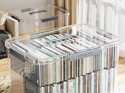 Tidy Living Room Interior With Transparent Storage Boxes And Organized Books 3d model
