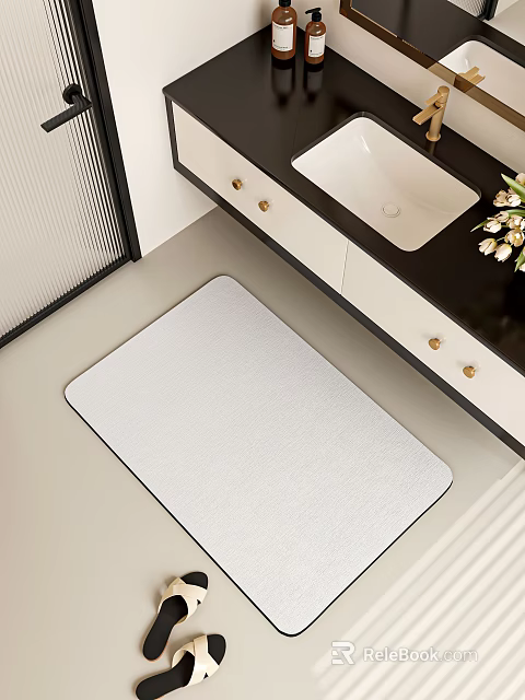 Modern Bathroom Vanity With Black Countertop White Cabinet Gold Knobs White Mat And Flowers 3d model 
