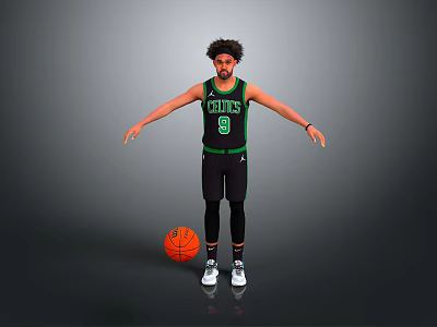 Man in Celtics Basketball Jersey Number 9 Standing with Arms Outstretched and Basketball 3d model
