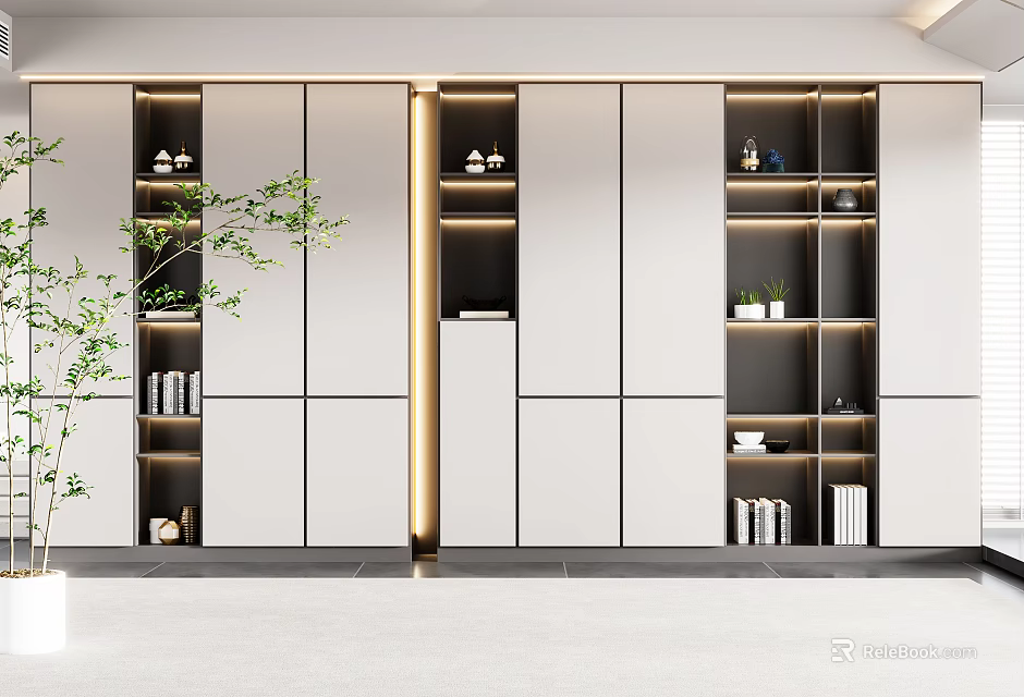 Modern Wardrobe Interior Design With LED Strip Lights Open Shelves And Decorations 3d model 