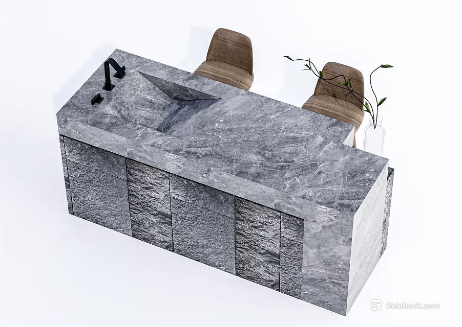 Modern Gray Marble Bar Counter With Faucet Two Brown Chairs And Potted Plant 3d model 