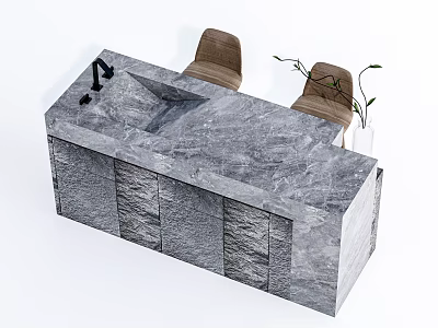 Modern Gray Marble Bar Counter With Faucet Two Brown Chairs And Potted Plant 3d model