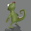 Cartoon Lizard 3D Model With Green Body Red Spots Big Eyes And Gray Background