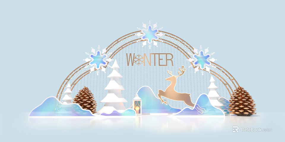 Festive Winter Scene With Snowflakes Reindeer Pine Trees And Lantern Decorations 3d model 