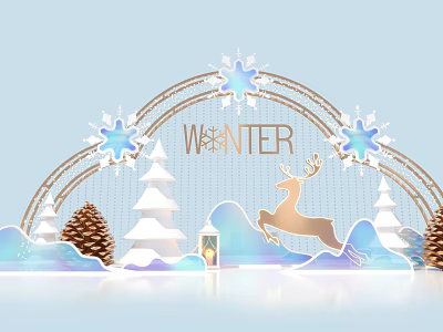 Festive Winter Scene With Snowflakes Reindeer Pine Trees And Lantern Decorations 3d model