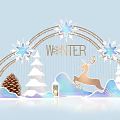 Festive Winter Scene With Snowflakes Reindeer Pine Trees And Lantern Decorations