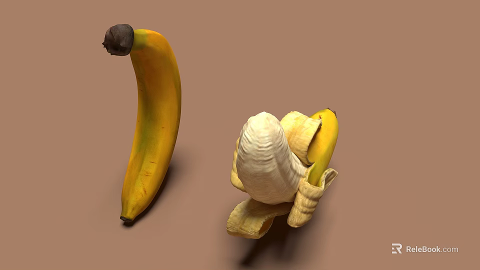 Ripe Banana Vegetable Showing Peeled And Unpeeled States On Brown Surface 3d model 