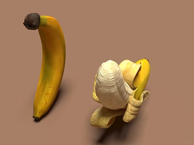 Ripe Banana Vegetable Showing Peeled And Unpeeled States On Brown Surface 3d model