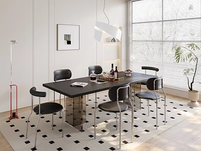 Modern Restaurant Interior With Black Dining Table Metal Chairs Pendant Light And Decorative Painting 3d model