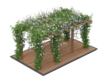 Wooden Pergola With Green Vines And Purple Flowers On Wooden Floor 3d model