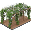 Wooden Pergola With Green Vines And Purple Flowers On Wooden Floor