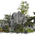 Garden Ornament Display With Rock Formations Green Plants Terracotta Pots Bamboo And Grass