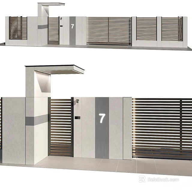Modern House Gate with Slatted Design Concrete Pillar Canopy and Number 7 3d model 