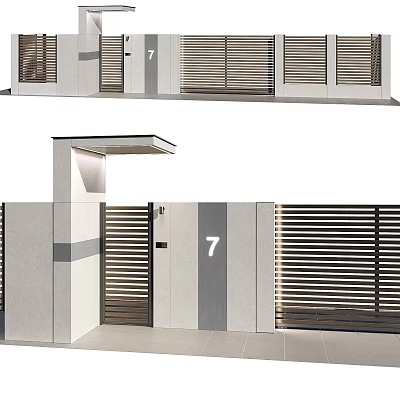 Modern House Gate with Slatted Design Concrete Pillar Canopy and Number 7 3d model