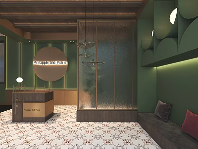 Elegant Restaurant Interior with Green Walls Wooden Elements Glass Partition and Round Decor 3d model
