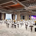 Elegant Banquet Hall With White Tablecloths Black Chair Ribbons Floral Centerpieces And City View Windows