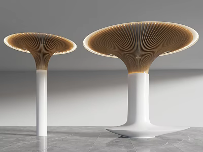 Modern Illuminated Mushroom Shaped Pillars With Wooden Texture Tops And White Columns 3d model