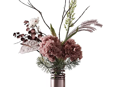 Metallic Vase With Pink Flowers White Small Blooms Green Foliage And Purple Spikes 3d model