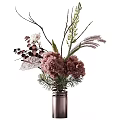 Metallic Vase With Pink Flowers White Small Blooms Green Foliage And Purple Spikes