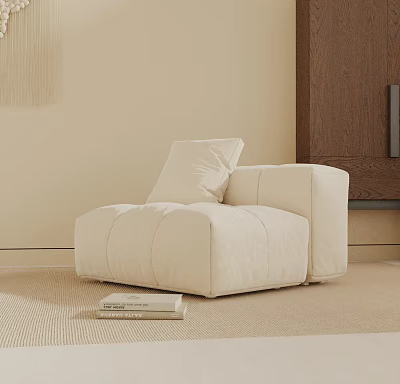 Minimalist Modern Beige Fabric Leisure Chair With Rounded Design On Carpet Near Wooden Cabinet 3d model