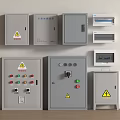 Different Sizes Electrical Control Panels With Warning Signs Switches And Indicators