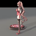 Anime Game Character With Pink Twin Tails Red Bodysuit Black Thigh High Socks And Metal Cage