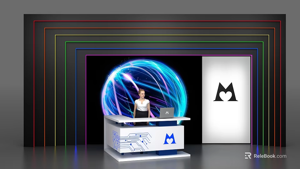 Modern Reception Desk Featuring Glowing Blue Sphere Colorful Neon Borders Laptop And Person 3d model 