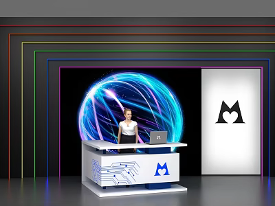 Modern Reception Desk Featuring Glowing Blue Sphere Colorful Neon Borders Laptop And Person 3d model