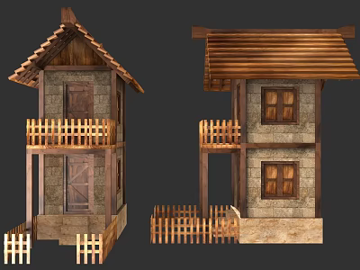 Traditional Small Houses With Wooden Roofs Stone Walls Balconies And Fences 3d model