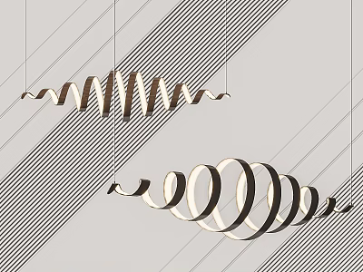 Elegant Modern Chandelier Design With Curved Spiral Shape And Metallic Finish Against Striped Background 3d model