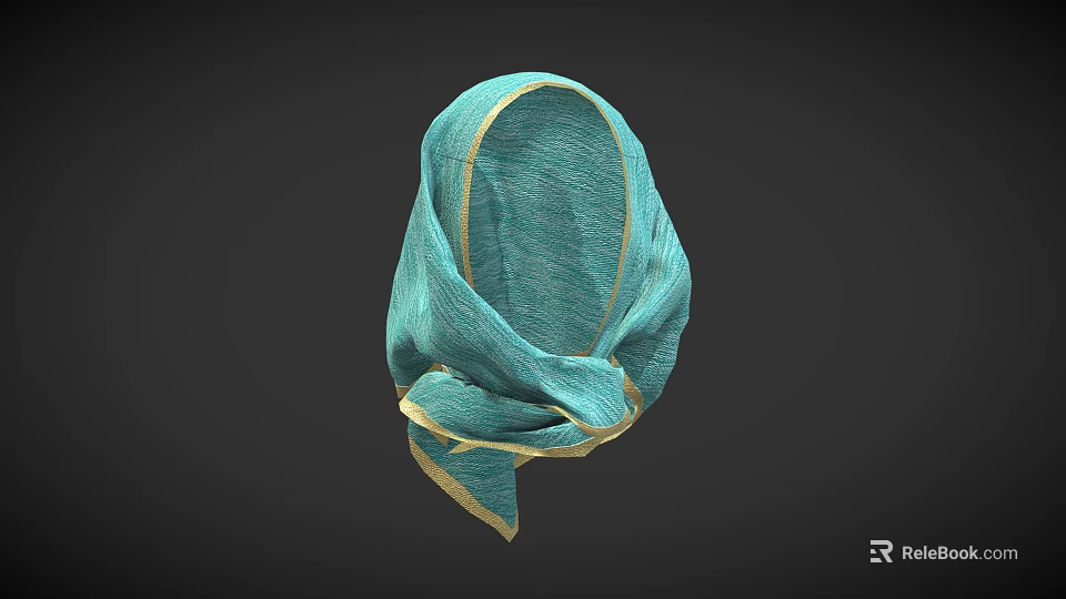 Teal Headscarf With Gold Trim In Lightweight Fabric Head Wrapping Style 3d model 