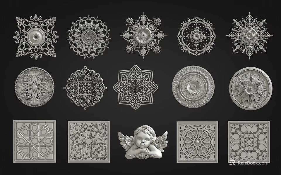 Decorative Sculpture Carvings With Ornate Circular Square Designs And Angel Figure 3d model 
