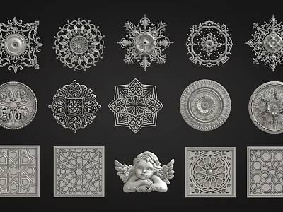 Decorative Sculpture Carvings With Ornate Circular Square Designs And Angel Figure 3d model