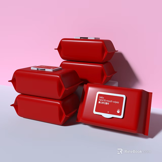 Red Disposable Wet Wipes For Daily Use In Stacked Packaging Design 3d model 