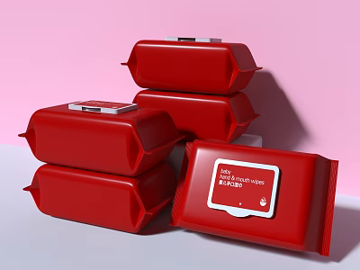 Red Disposable Wet Wipes For Daily Use In Stacked Packaging Design 3d model