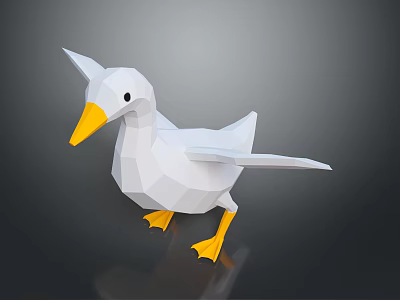 Low Poly White Duck 3D Model With Yellow Beak And Feet On Dark Background 3d model
