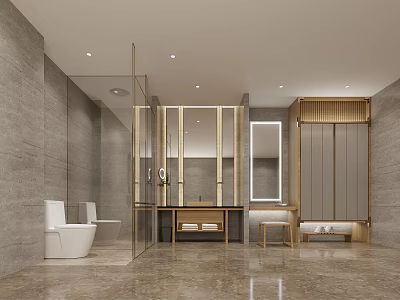 Modern Hotel Bathroom Interior With Glass Shower Marble Floor Wooden Vanity And Large Mirror 3d model