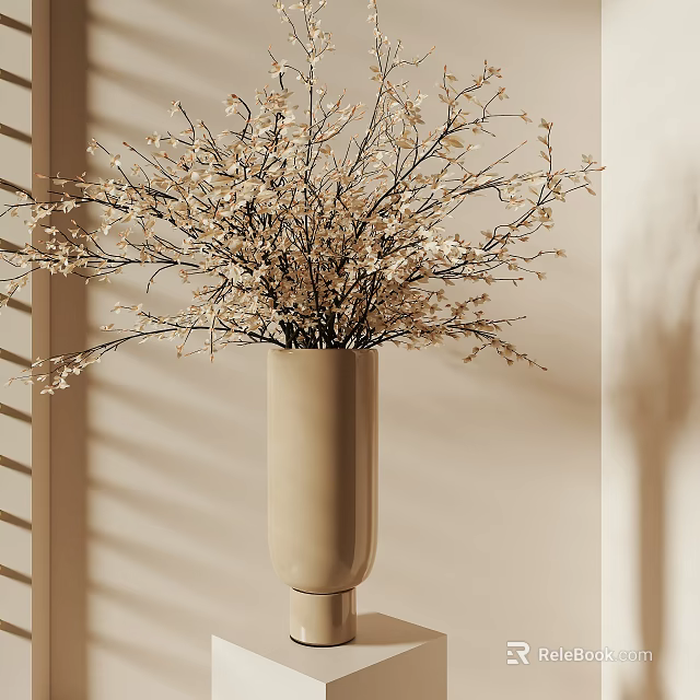 Beige Vase With Delicate White Flower Branches On Light Wall Background And Sunlight Shadows 3d model 