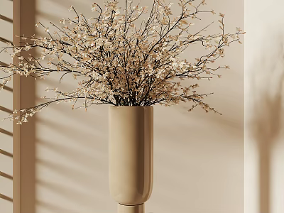 Beige Vase With Delicate White Flower Branches On Light Wall Background And Sunlight Shadows 3d model