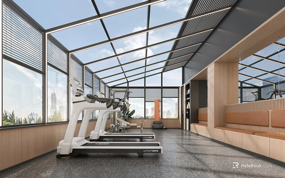 Bright Spacious Sales Office Glass Sunroom Gym Space With Modern Complete Fitness Training Facilities 3d model 