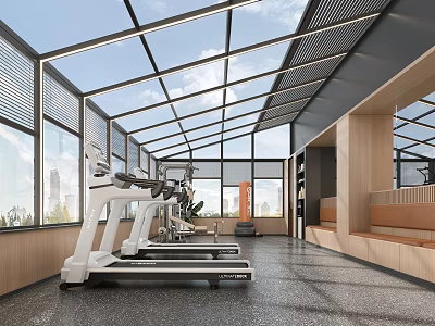 Bright Spacious Sales Office Glass Sunroom Gym Space With Modern Complete Fitness Training Facilities 3d model