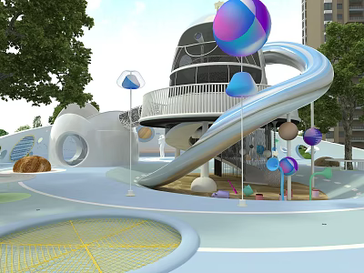 Modern Playground Equipment With Curved Slide Colorful Spheres Circular Platform Trees And High Rise Buildings 3d model