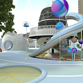 Modern Playground Equipment With Curved Slide Colorful Spheres Circular Platform Trees And High Rise Buildings