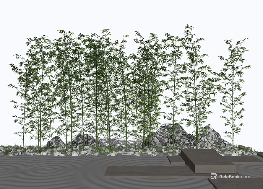 Lush Bamboo Grove Landscape With Stone Accents Slate Pathway And Wavy Sand Patterns 3d model 
