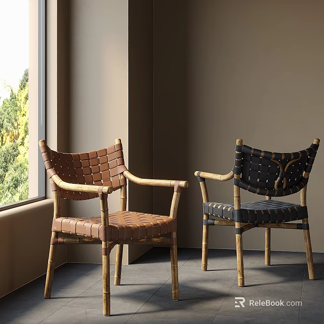 Natural Style Woven Dining Chairs With Brown Black Colors And Wooden Legs Near Window 3d model 
