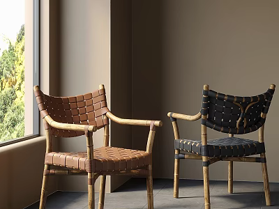 Natural Style Woven Dining Chairs With Brown Black Colors And Wooden Legs Near Window 3d model