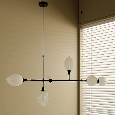 Modern Linear Chandelier With Glass Shades And Metal Frame In Indoor Space Near Window 3d model
