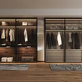 Modern Closet Design With Glass Doors Hanging Clothes Drawers And Wooden Floor